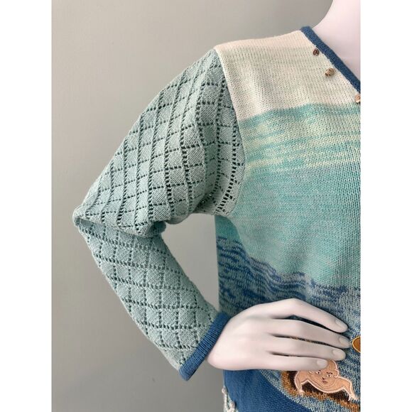 VTG Storybook Knits Button-Up Sea Sounds Sweater Cardigan Beach Scene Womens M - Picture 6 of 10
